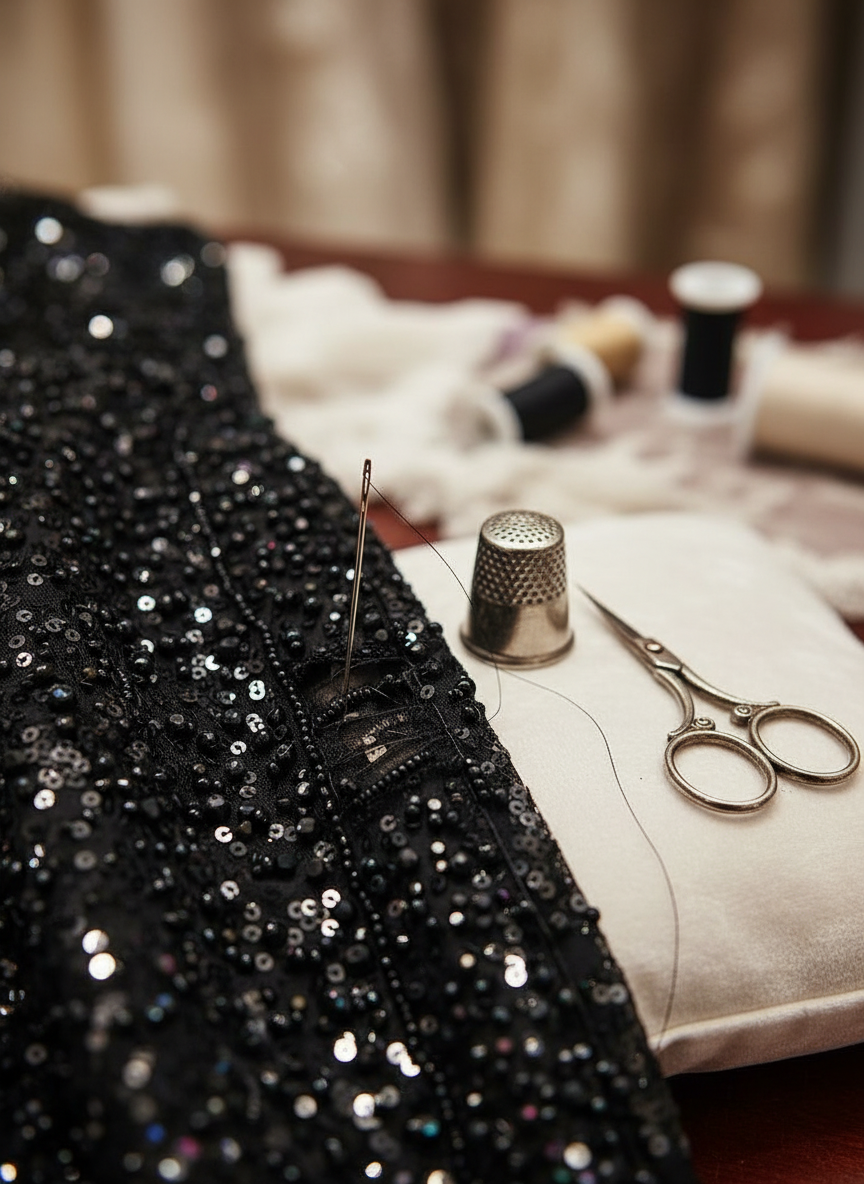 Sequin repair on a black evening gown