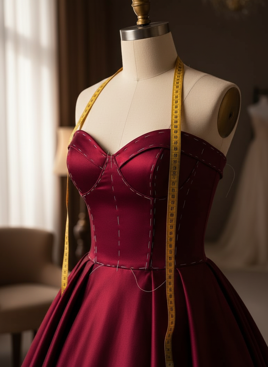 Bodice adjustment on a burgundy satin prom dress