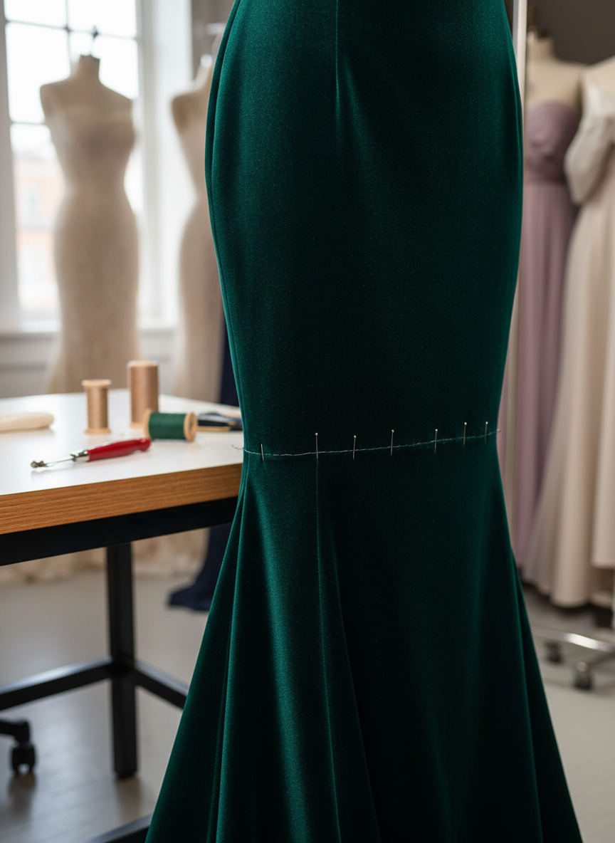 Hem on an emerald velvet evening gown