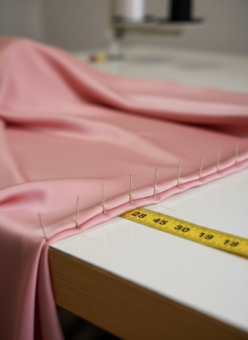 Pinned hem on a pink satin bridesmaid dress