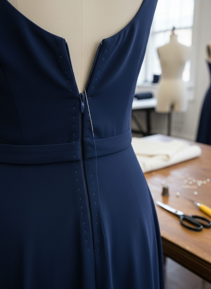 Zipper alteration on a navy blue dress