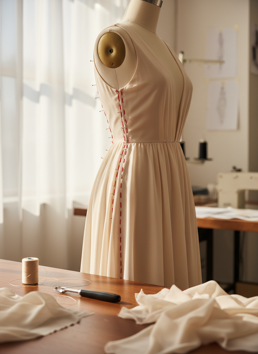 Waist adjustment with visible basting on a bridesmaid dress