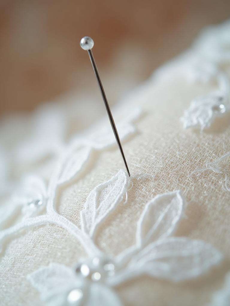 Pinned hem on a wedding dress in the studio
