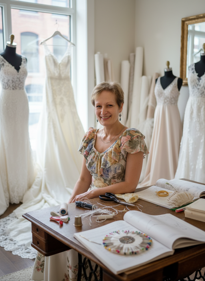 Natalia, seamstress specializing in wedding dress alterations, in her studio in LaSalle, Montreal